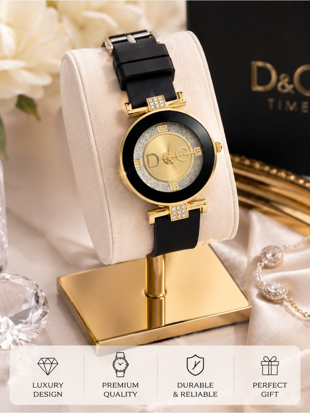 Luxury Women’s Black & Gold Watch | Rhinestone Fashion Watch |